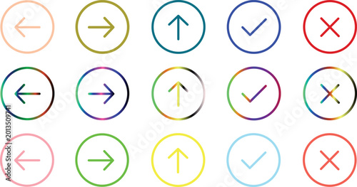 Collection of colorful checkmark and arrow icons inside circles isolated on white background for ui design