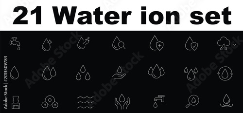 Water line icon set. Waterproof, no water, faucet, drops, clean water, hydrated skin, save water, water cycle, waves, droplet sign. Vector illustration. Editable stroke. Flat