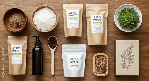 Packaging materials for zero waste products sit on a wooden table.