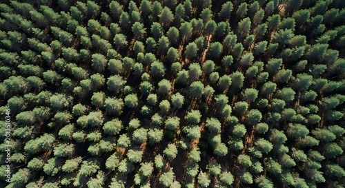 Forest canopy shows dense pine trees from a high aerial perspective.
