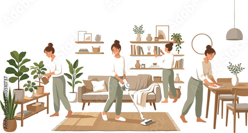 Bilde på lerret Woman cleaning modern living room vector illustration with houseplants vacuuming