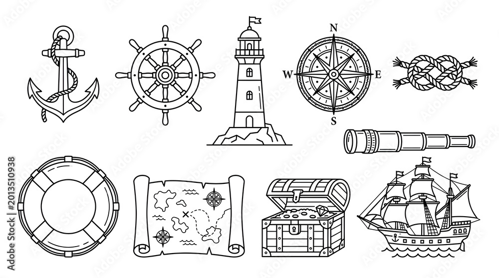 Obraz premium Nautical icons set with anchor, lighthouse, compass, and ship