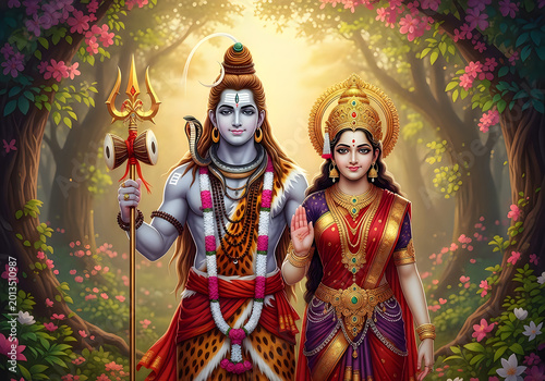 Hindu god lord shiva and goddess parvati standing together with a trident in a beautiful flower garden background