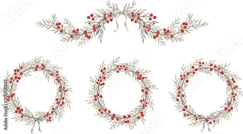 Watercolor christmas wreaths and garland with red berries and grey leaves