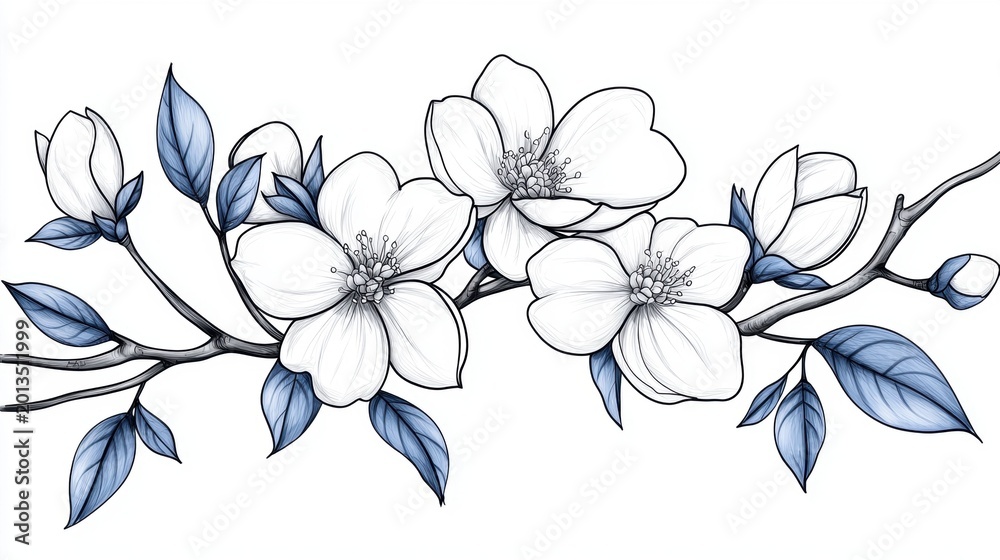 Obraz premium Elegant black and white floral sketch featuring blooming flowers and leaves with subtle blue shading on the leaves and stems.