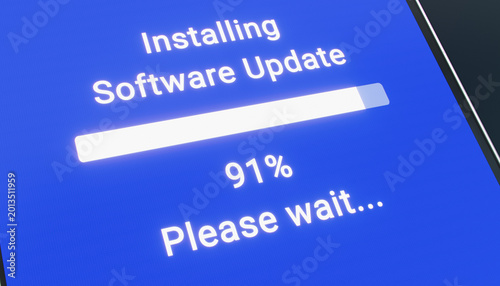 Fotografija Illustration of a smartphone with a blue screen showing a progress bar for installing system update