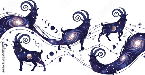 Schilderij op canvas Celestial Capricorn banner vector illustration featuring cosmic space galaxies a