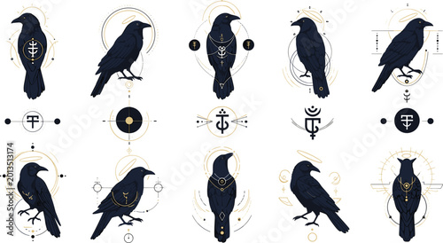 Photos Celestial raven icon set with dark crows and geometric alchemical symbols isolat