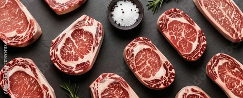 Panel kuchenny z motywem Several raw beef steaks with marbling and fat arranged on dark slate. Salt, pepper, and rosemary sprigs are nearby. Ready for grilling or cooking. Premium meat cuts.