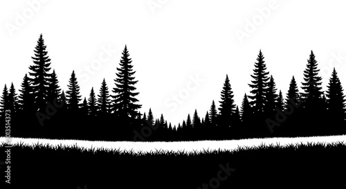 Foto Black Silhouette of Pine Forest and Grassy Field on White Background