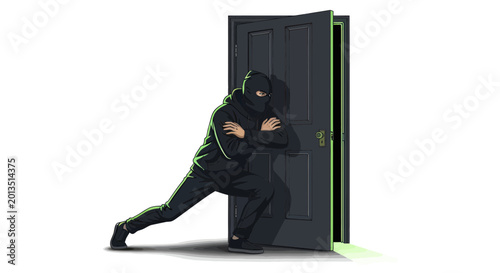 Картината върху платно Burglar in ski mask breaking into house through open door, stealthy entry