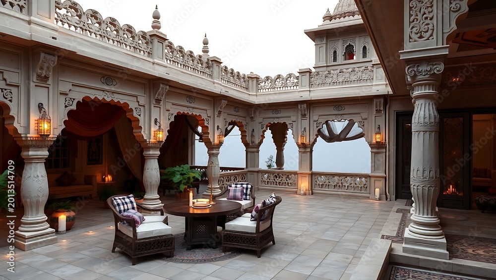 Naklejka premium Indian royal-style terrace with carved stone elements, fabrics, and candlelight