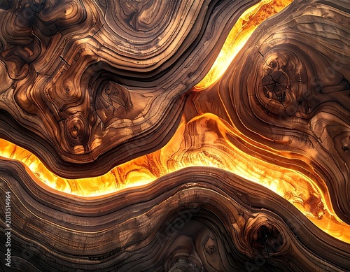 Glowing wood slice with golden light.