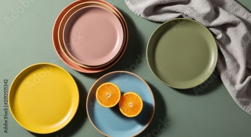Colorful ceramic plates with orange slices on a green surface