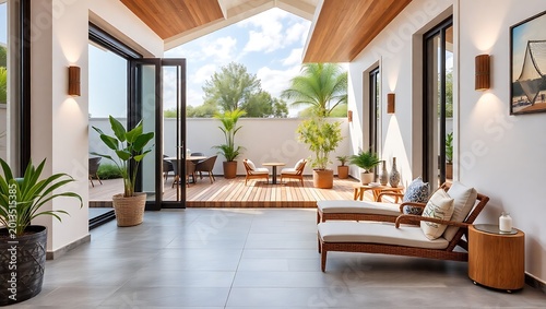 Indoor-outdoor terrace transition, seamless flooring and design continuity