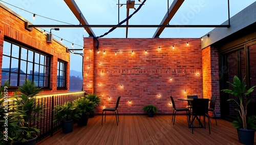Industrial loft terrace with exposed brick and holiday LED strips, 3D render