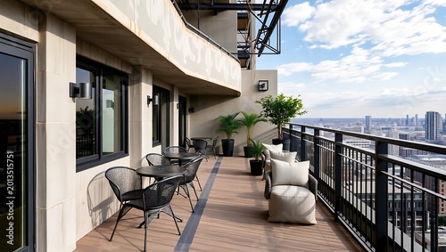 Industrial luxury terrace, exposed concrete, metal railing, chic urban decor