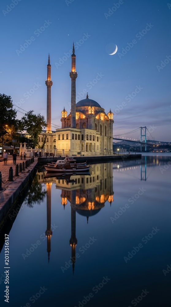 Naklejka premium Beautiful ottoman style mosque by bosphorus strait with bridge and boat reflection at dusk light glow.