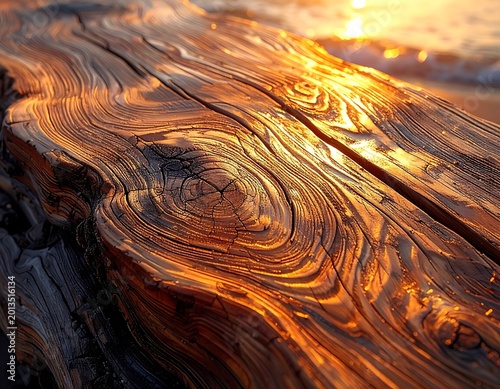 Golden Wooden Plank with Sunlight Reflection.