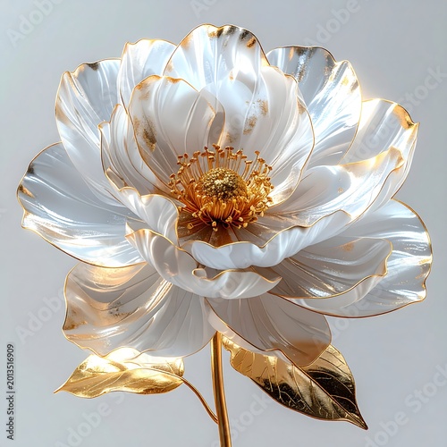 Elegant White Peony Flower Digital Illustration With Glossy Petals Gold Edges And Golden Stem Isolated On Neutral Grey Background