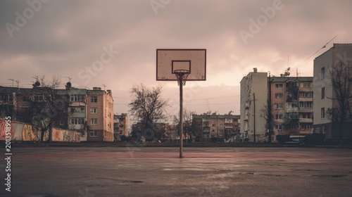 Abandoned outdoor basketball court in urban neighborhood on overcast day