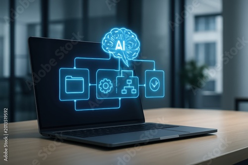 AI Integration with Laptop Interface: A modern laptop displays a sleek, blue holographic interface illustrating the flow of artificial intelligence, with a glowing brain icon at the center.