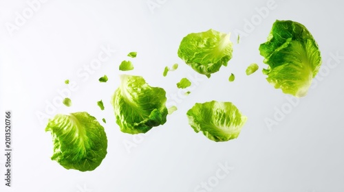 Fresh green lettuce leaves and small pieces floating in mid-air