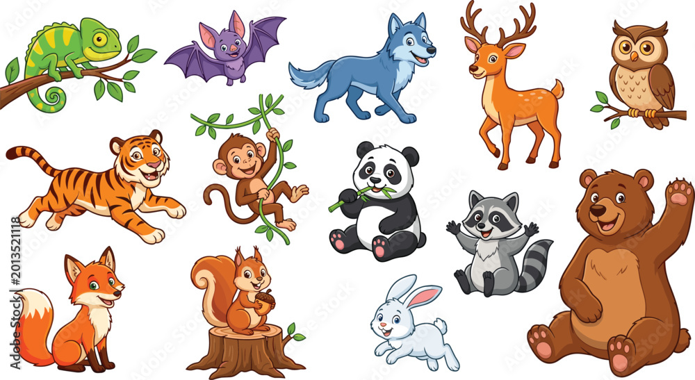 Obraz premium Diverse Wildlife Animal Vector Collection Featuring Tiger, Panda, Bear, Wolf, Deer, Fox, and Owl for Children's Educational Books, Stickers, and Nature Themed Designs