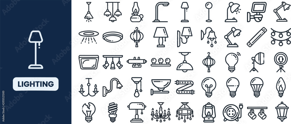 Εκτύπωση καμβά Lighting and Lamp Decor outline icon set