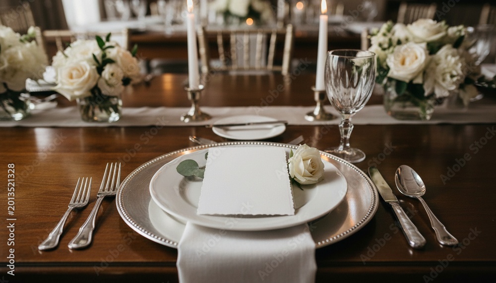 Fototapeta premium Table place setting blank menu card mockup or reserve in wedding invite and special event