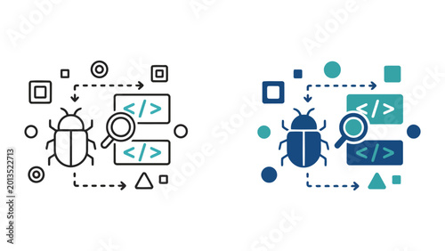 Software bug detection and code debugging icon set for web development and programming diagnostics