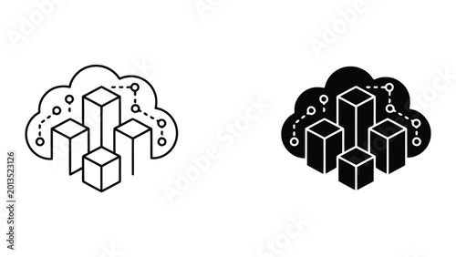 Cloud computing data architecture vector icons showing isometric server blocks inside network cloud for modern storage and infrastructure technology solutions