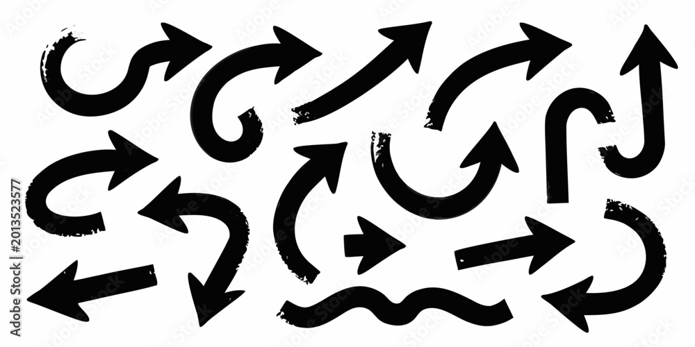 Fototapeta premium collection of hand drawn black arrow shapes on a white background dynamic direction indicators