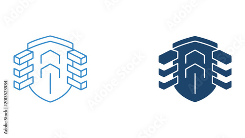 Quadro su tela Structural data security shield icon set with block architecture in blue linear