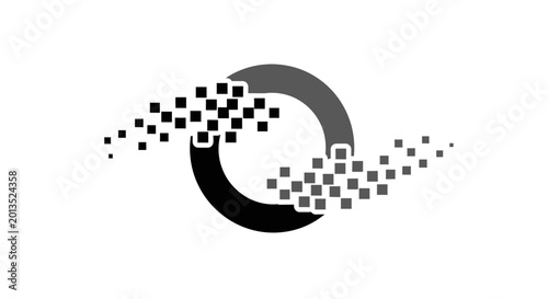 Abstract circular logo with pixelated digital dispersion effect