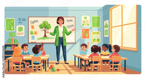 Tablou pe pânză Teacher instructing diverse children in a bright classroom, learning about natur