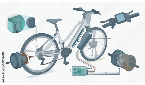 Bild auf Leinwand Electric bicycle drive system vector – motor hub and control interface assembly