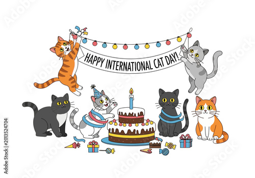 Happy International Cat Day Celebration with Adorable Feline Friends and Cake.