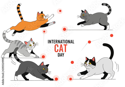 International Cat Day with Playful Felines Chasing Laser Pointers.