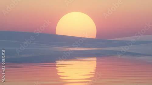 Abstract sunset landscape with a large golden sun sinking behind soft white dunes and reflecting in a calm body of water with pink sky gradients