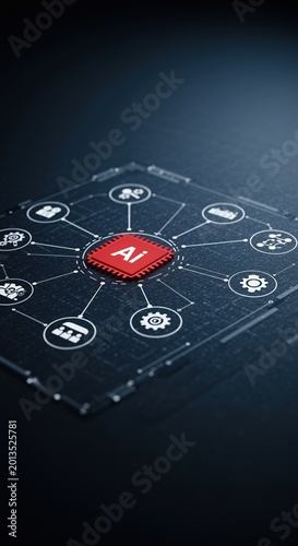 Artificial intelligence workflow diagram on a dark digital panel with a red central chip for business process automation, enterprise integration and systems management