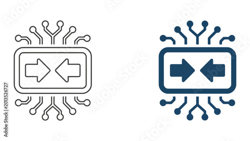 Foto Data compression icon with opposing arrows and circuit board lines for file size