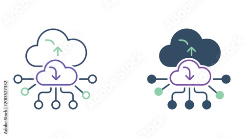 Cloud computing data migration and synchronization icon with layered cloud storage and network nodes for digital transformation concept vector graphic