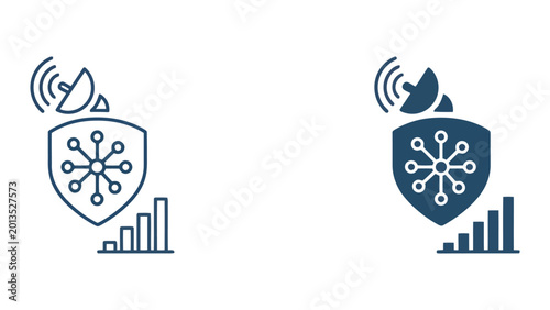 Cuadro en lienzo Shield icon with central network node and signal transmission satellite dish gra