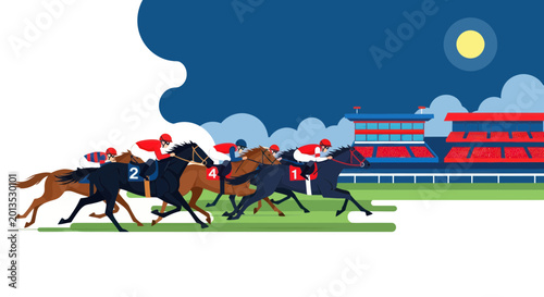 Horse Racing Competition at Dusk with Grandstand and Moon
