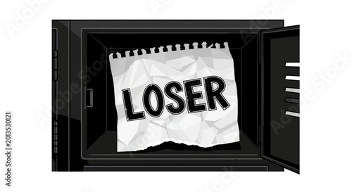 Tableau sur toile Humiliation concept: Crumpled paper with word LOSER inside an open microwave