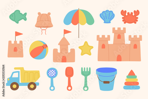 Summer beach flat icons set. Cute kids vacation collection with sand castle, crab, fish, umbrella, beach ball, bucket, truck and toys. Trendy soft pastel color palette, minimal geometric shapes, clean