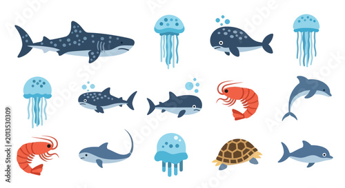 Photography Cute Cartoon Sea Creatures Collection: Whale Shark, Dolphin, Jellyfish, Turtle,
