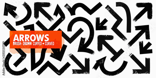 Brush drawn arrows collection thick black lines curved and straight shapes on white background