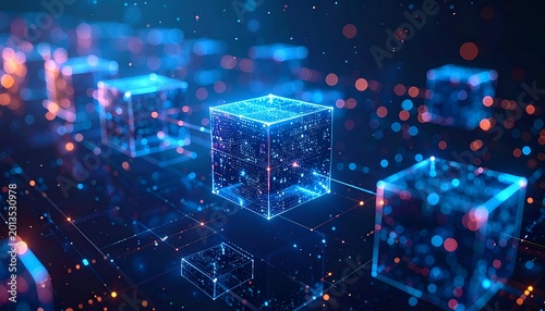 Abstract digital cubes glow with electric blue light. Particles swirl within translucent structures